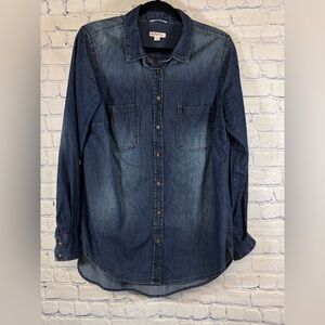 Merona Dark Wash Fade Denim Preppy Classic Retro Cotton Workwear Jean Shirt L